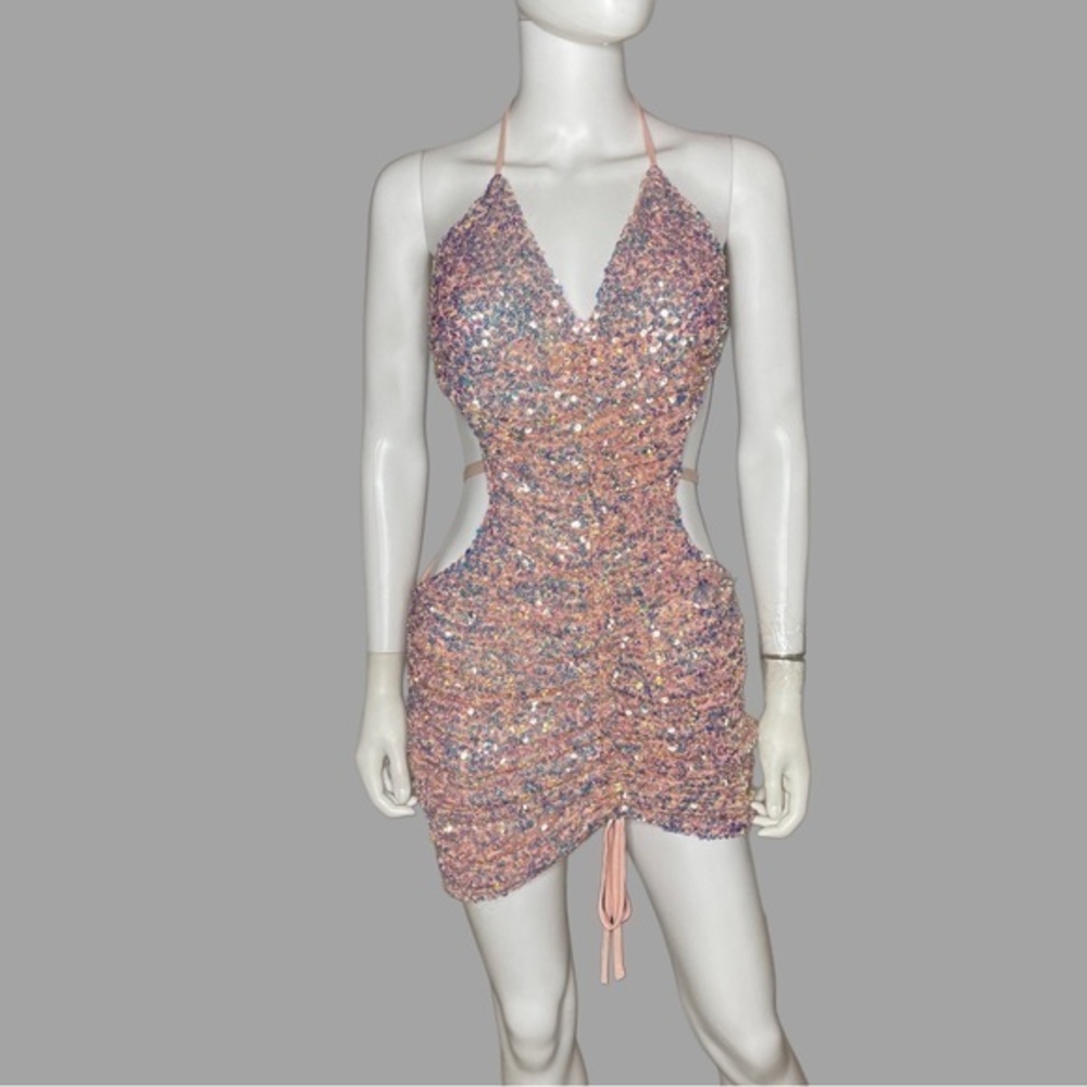 Shop 17 Strappy Pink Cut Out Sequins Ruched Mini Dress